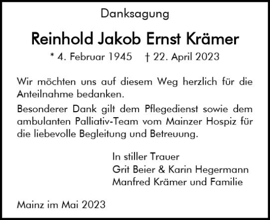 Traueranzeige von Reinhold Jakob Ernst Krämer von Allgemeine Zeitung Mainz