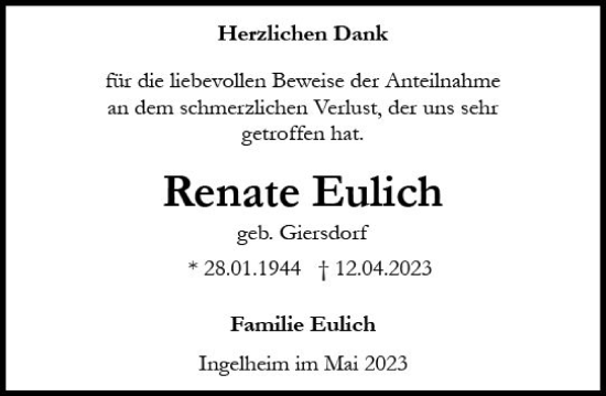 Traueranzeige von Renate Eulich von Allgemeine Zeitung Bingen/Ingelheim