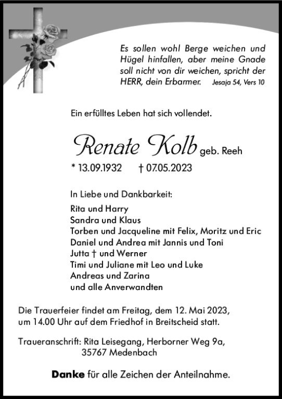 Traueranzeige von Renate Kolb von Dill Block