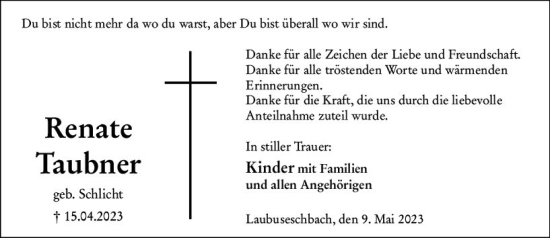 Traueranzeige von Renate Taubner von Weilburger Tageblatt