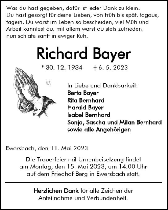 Traueranzeige von Richard Bayer von Dill Block