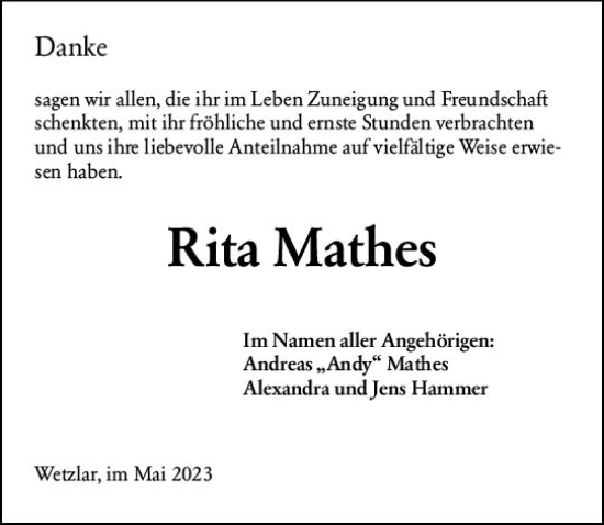 Traueranzeige von Rita Mathes von Wetzlarer Neue Zeitung