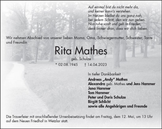 Traueranzeige von Rita Mathes von Wetzlarer Neue Zeitung