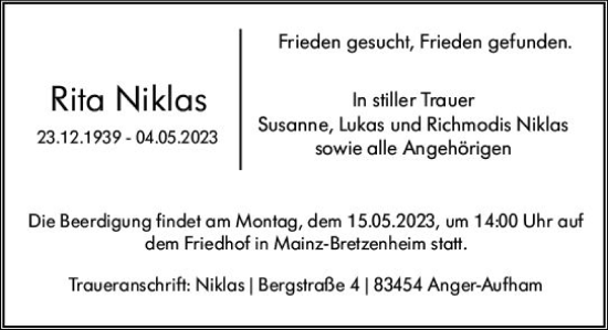 Traueranzeige von Rita Niklas von Allgemeine Zeitung Mainz