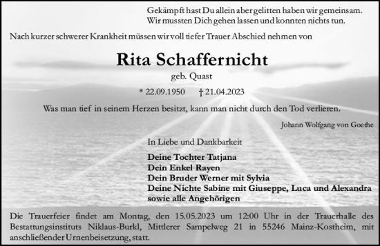Traueranzeige von Rita Schaffernicht von Allgemeine Zeitung Mainz