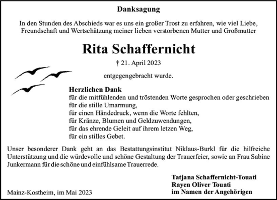 Traueranzeige von Rita Schaffernicht von Allgemeine Zeitung Mainz