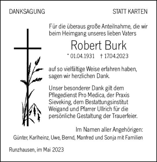 Traueranzeige von Robert Burk von Hinterländer Anzeiger