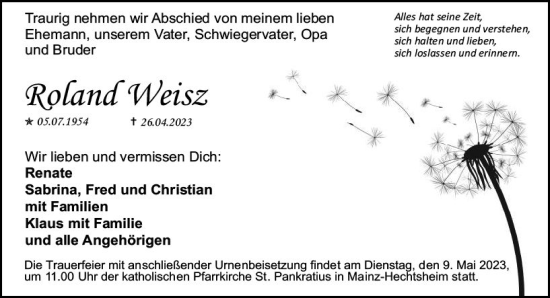Traueranzeige von Roland Weisz von Allgemeine Zeitung Mainz