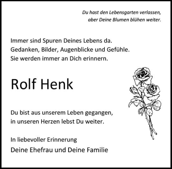 Traueranzeige von Rolf Henk von Wiesbadener Kurier