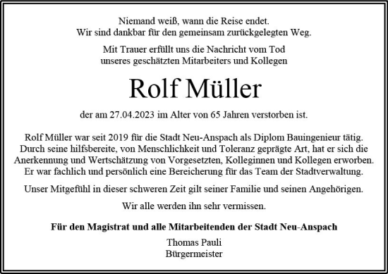 Traueranzeige von Rolf Müller von Weilburger Tageblatt