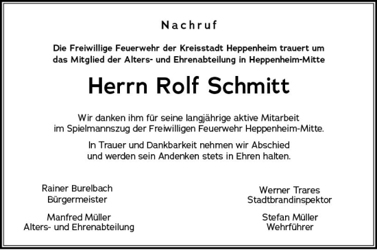 Traueranzeige von Rolf Schmitt von Starkenburger Echo