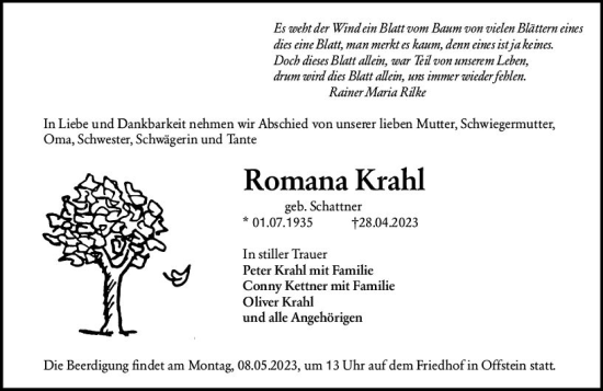 Traueranzeige von Romana Krahl von Wormser Zeitung