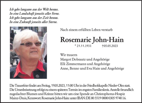 Traueranzeige von Rosemarie John-Hain von Allgemeine Zeitung Mainz