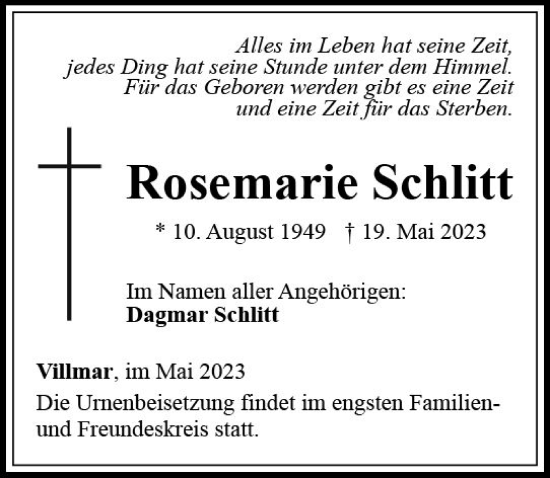 Traueranzeige von Rosemarie Schlitt von Nassauische Neue Presse