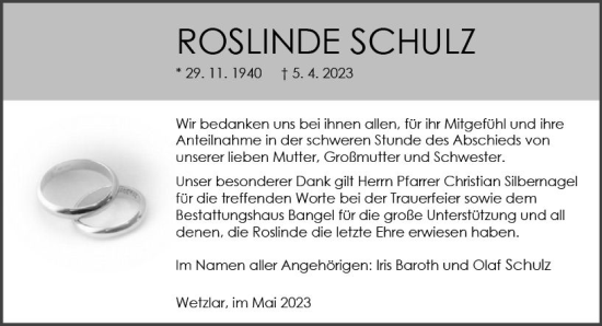 Traueranzeige von Roslinde Schulz von Wetzlarer Neue Zeitung