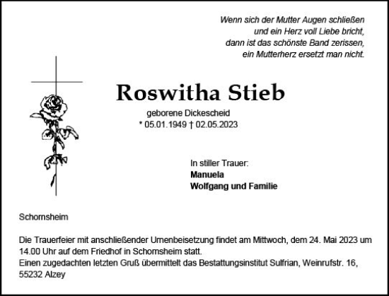 Traueranzeige von Roswitha Stieb von Allgemeine Zeitung Mainz