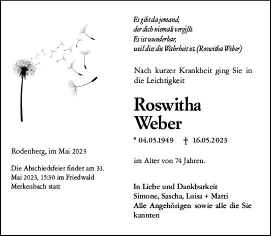 Traueranzeige von Roswitha Weber von Weilburger Tageblatt