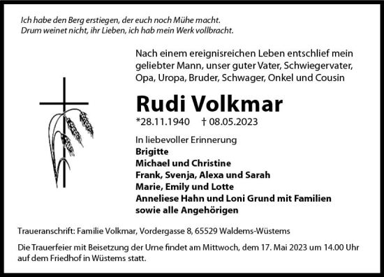 Traueranzeige von Rudi Volkmar von Camberger Anzeiger