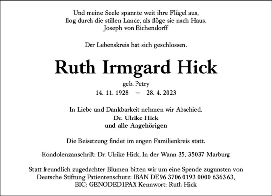 Traueranzeige von Ruth Irmgard Hick von Dill Block