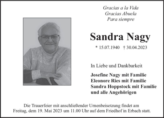 Traueranzeige von Sandra Nagy von Odenwälder Echo