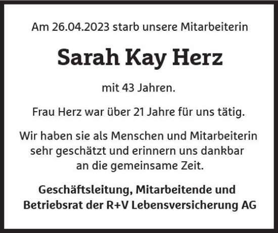 Traueranzeige von Sarah Kay Herz von Wiesbadener Kurier