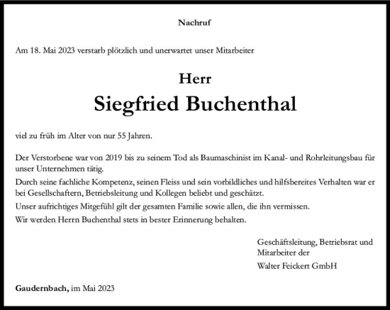 Traueranzeige von Siegfried Buchenthai von Weilburger Tageblatt
