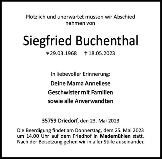 Traueranzeige von Siegfried Buchenthal von Dill Block