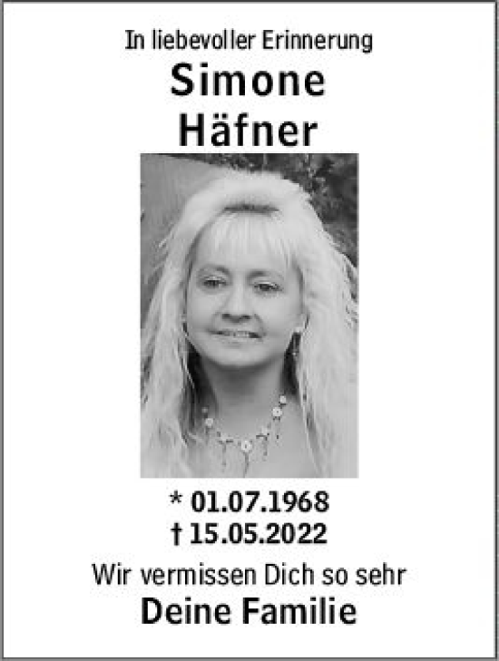 Traueranzeige von Simone Häfner von Allgemeine Zeitung Mainz