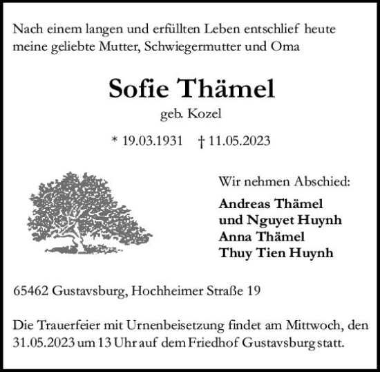 Traueranzeige von Sofie Thämel von Allgemeine Zeitung Mainz