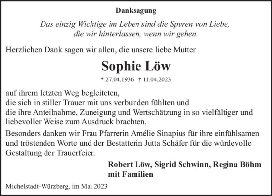 Traueranzeige von Sophie Löw von Odenwälder Echo