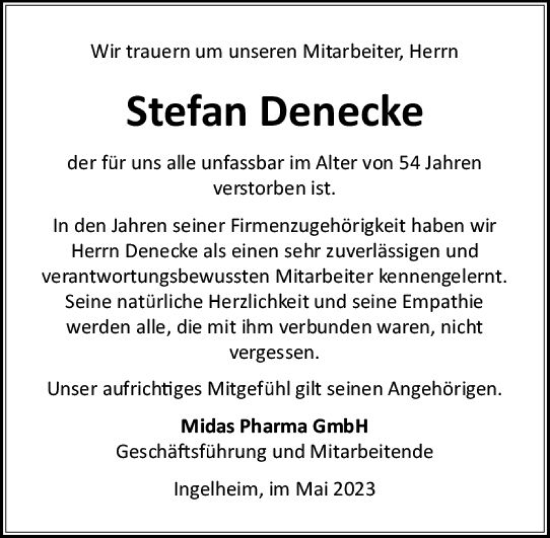 Traueranzeige von Stefan Denecke von Allgemeine Zeitung Bingen/Ingelheim