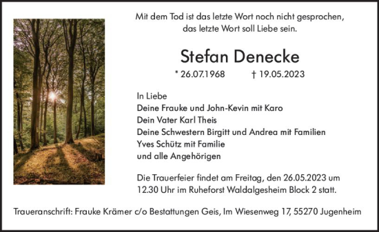 Traueranzeige von Stefan Denecke von Allgemeine Zeitung Bingen/Ingelheim