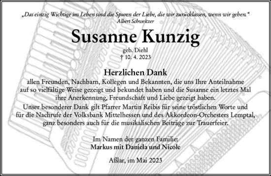 Traueranzeige von Susanne Kunzig von Wetzlarer Neue Zeitung