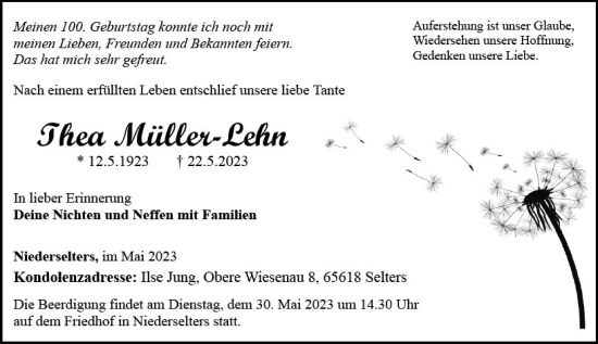 Traueranzeige von Thea Müller-Lehn von Camberger Anzeiger