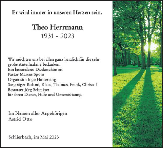 Traueranzeige von Theo Herrmann von Hinterländer Anzeiger