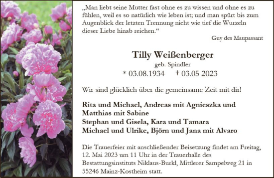Traueranzeige von Tilly Weissenberger von Allgemeine Zeitung Mainz