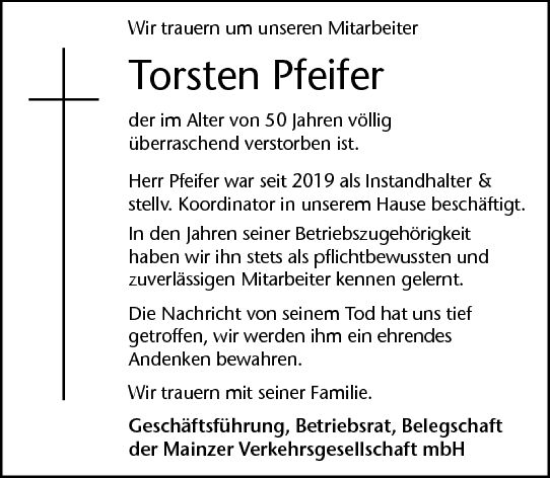 Traueranzeige von Torsten Pfeifer von Allgemeine Zeitung Mainz