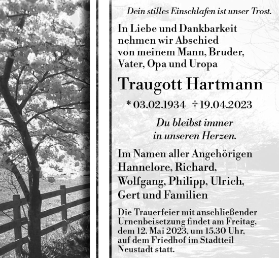 Traueranzeige von Traugott Hartmann von Odenwälder Echo