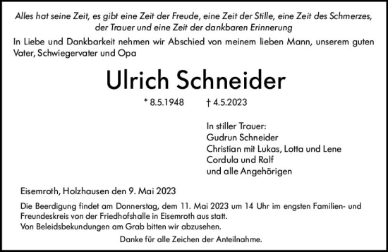 Traueranzeige von Ulrich Schneider von Dill Block