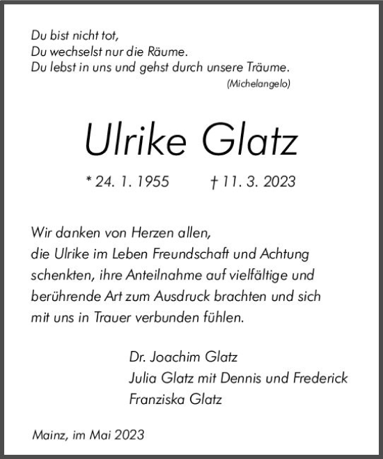 Traueranzeige von Ulrike Glatz von Allgemeine Zeitung Mainz