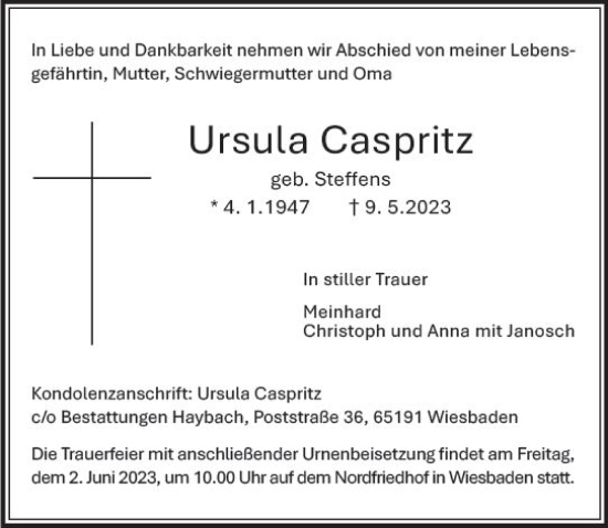 Traueranzeige von Ursula Caspritz von Wiesbadener Kurier