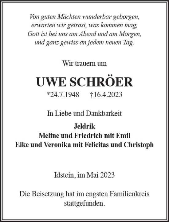 Traueranzeige von Uwe Schröer von Idsteiner Land/Untertaunus