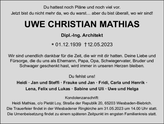 Traueranzeige von Uwe Christian Mathias von Wiesbadener Kurier