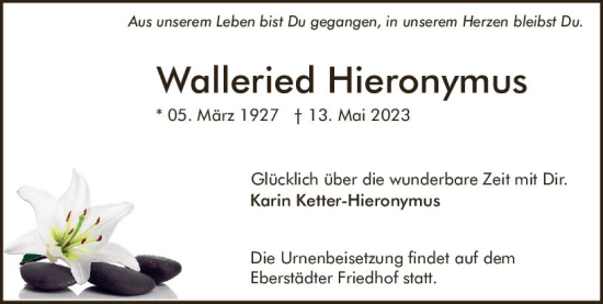 Traueranzeige von Walleried Hieronymus von Darmstädter Echo