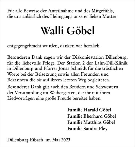 Traueranzeige von Walli Göbel von Dill Block