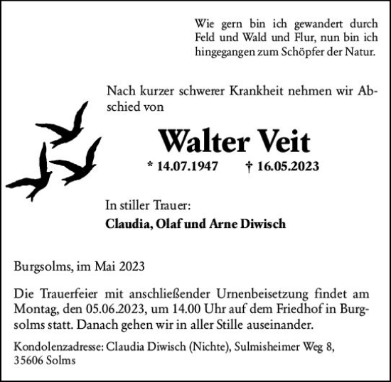 Traueranzeige von Walter Veit von Wetzlarer Neue Zeitung
