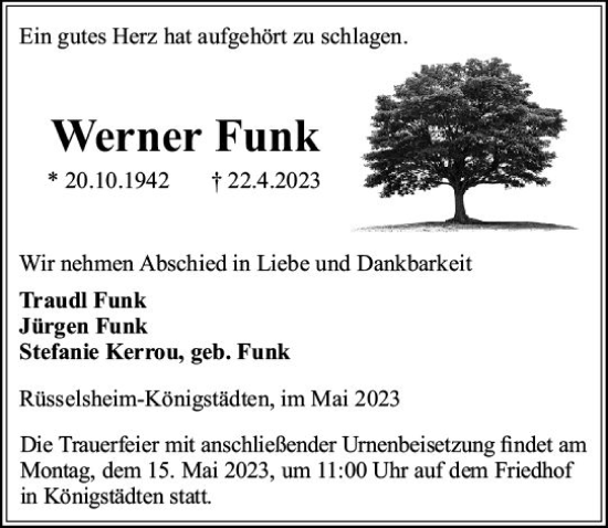 Traueranzeige von Werner Funk von Rüsselsheimer Echo