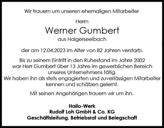 Traueranzeige von Werner Gumbert von Dill Block