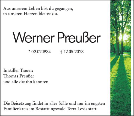 Traueranzeige von Werner Preußer von Allgemeine Zeitung Mainz