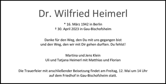 Traueranzeige von Wilfried Heimerl von Allgemeine Zeitung Mainz